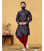 blue silk plain stitched Men Indo Western Set