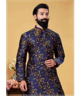 blue silk plain stitched Men Indo Western Set 2
