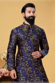 blue silk plain stitched Men Indo Western Set