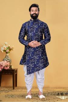 blue silk plain stitched Men Indo Western Set