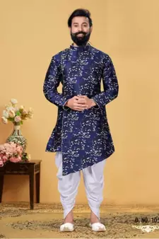 blue silk plain stitched Men Indo Western Set