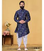 blue silk plain stitched Men Indo Western Set
