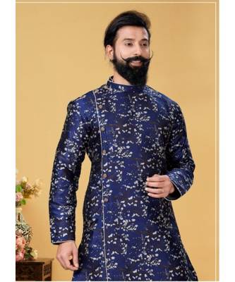 blue silk plain stitched Men Indo Western Set 2