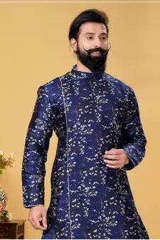 blue silk plain stitched Men Indo Western Set