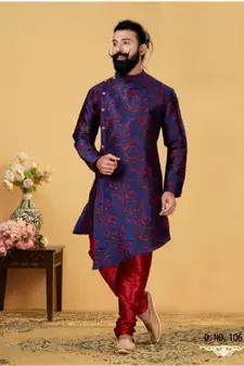 blue silk plain stitched Men Indo Western Set