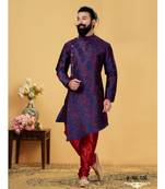 blue silk plain stitched Men Indo Western Set