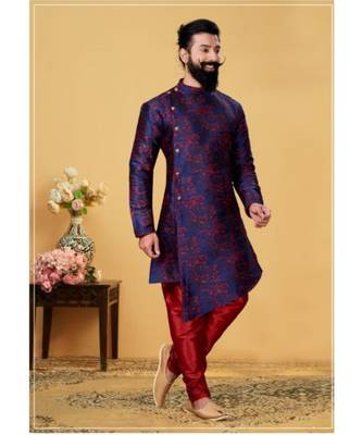 blue silk plain stitched Men Indo Western Set 2
