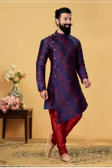 blue silk plain stitched Men Indo Western Set