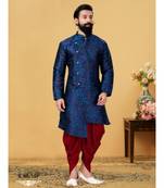 blue silk plain stitched Men Indo Western Set