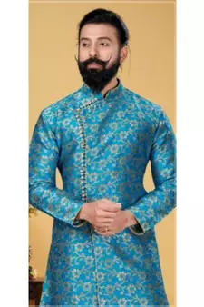 Blue Silk Angarkha Sherwani for Weddings and Festivals