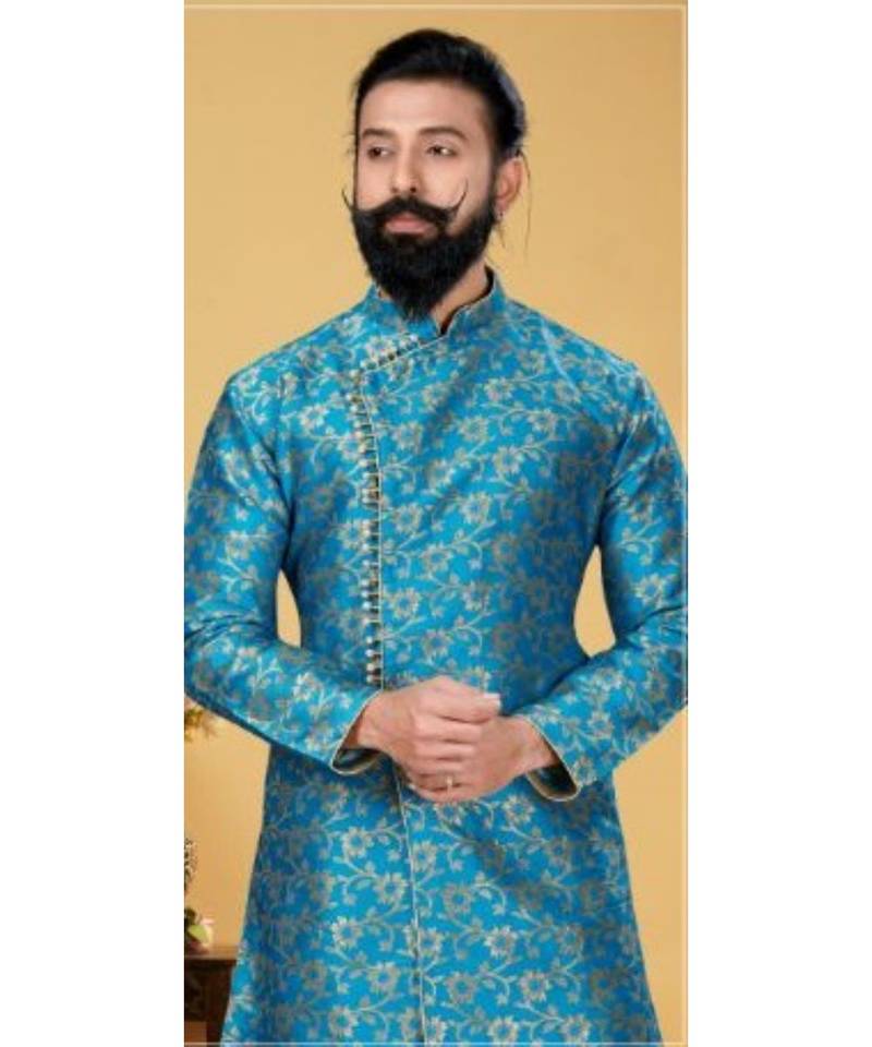 Blue Silk Angarkha Sherwani for Weddings and Festivals