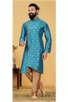 Blue Silk Angarkha Sherwani for Weddings and Festivals