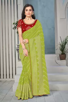 Green printed art silk saree with blouse