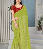 Green printed art silk saree with blouse