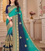 Blue Embroidered Chiffon Saree With Blouse