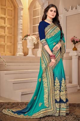 Blue Embroidered Chiffon Saree With Blouse 3