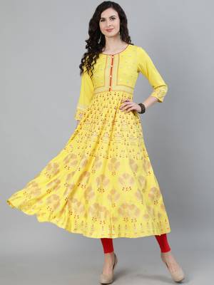 Yellow printed viscose ethnic-kurtis 1