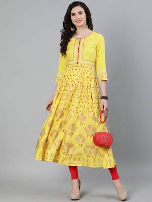 Yellow printed viscose ethnic-kurtis 2