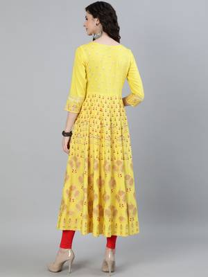 Yellow printed viscose ethnic-kurtis 3
