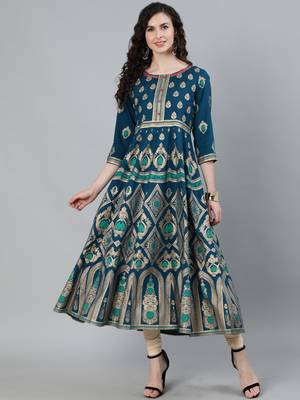 Turquoise printed viscose ethnic-kurtis 1