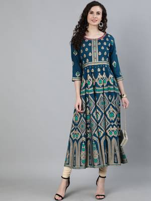 Turquoise printed viscose ethnic-kurtis 2
