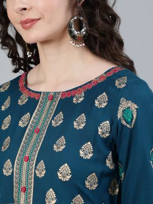 Turquoise printed viscose ethnic-kurtis 5