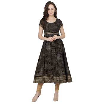 Black printed cotton long-kurtis 1