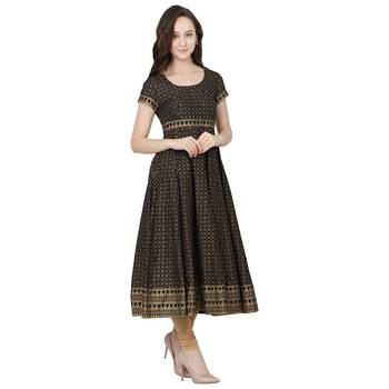 Black printed cotton long-kurtis 3