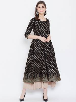 Black printed cotton long-kurtis 1