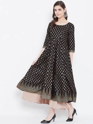 Black printed cotton long-kurtis 3
