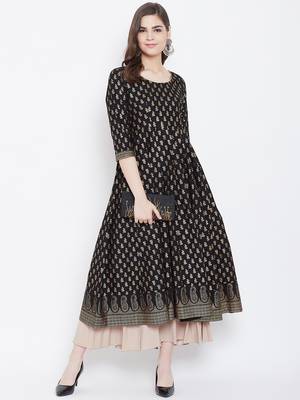 Black printed cotton long-kurtis 5