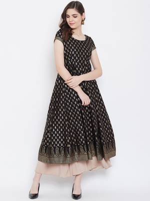 Black printed cotton long-kurtis 1