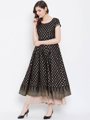 Black printed cotton long-kurtis 3