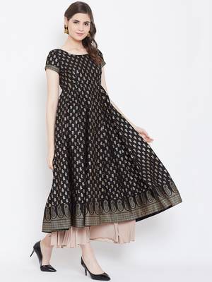 Black printed cotton long-kurtis 5