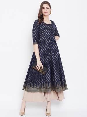 Blue printed cotton long-kurtis 1
