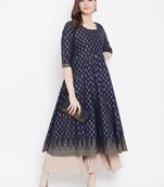 Blue printed cotton long-kurtis