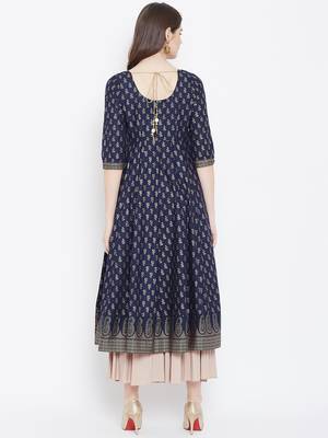 Blue printed cotton long-kurtis 2