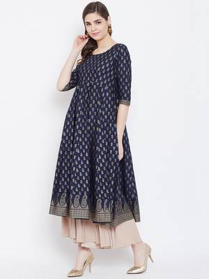 Blue printed cotton long-kurtis 3