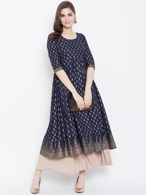 Blue printed cotton long-kurtis 5