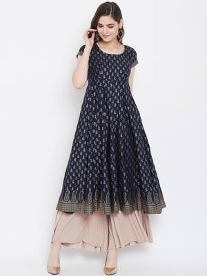 Blue printed cotton long-kurtis 1