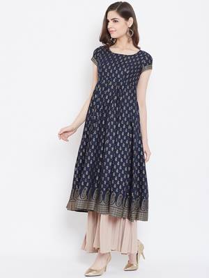 Blue printed cotton long-kurtis 3