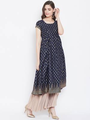 Blue printed cotton long-kurtis 5