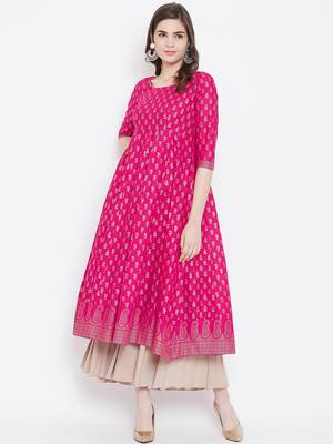 Pink printed cotton long-kurtis 1