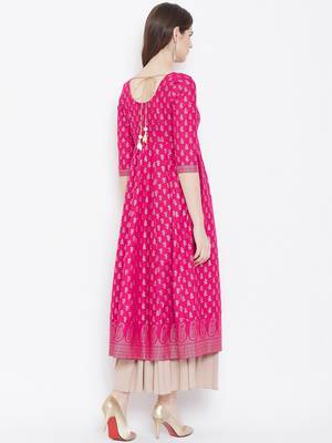 Pink printed cotton long-kurtis 2