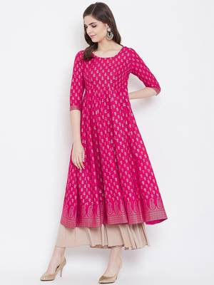 Pink printed cotton long-kurtis 3