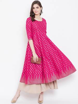 Pink printed cotton long-kurtis 5