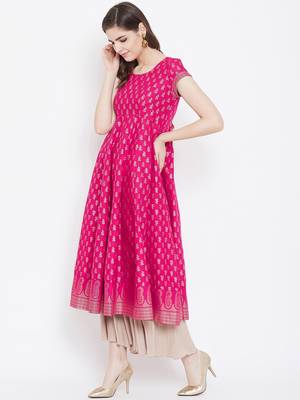 Pink printed cotton long-kurtis 3