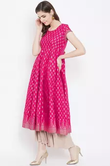 Pink printed cotton long-kurtis