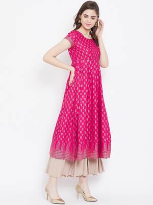 Pink printed cotton long-kurtis 5