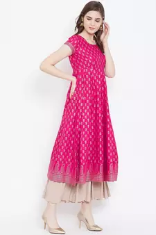 Pink printed cotton long-kurtis